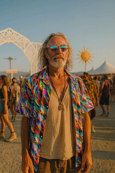 Prismatic Crimson Wave Hawaiian Shirt – High-Energy Festival Aloha Top by Aesthetic Rebellion