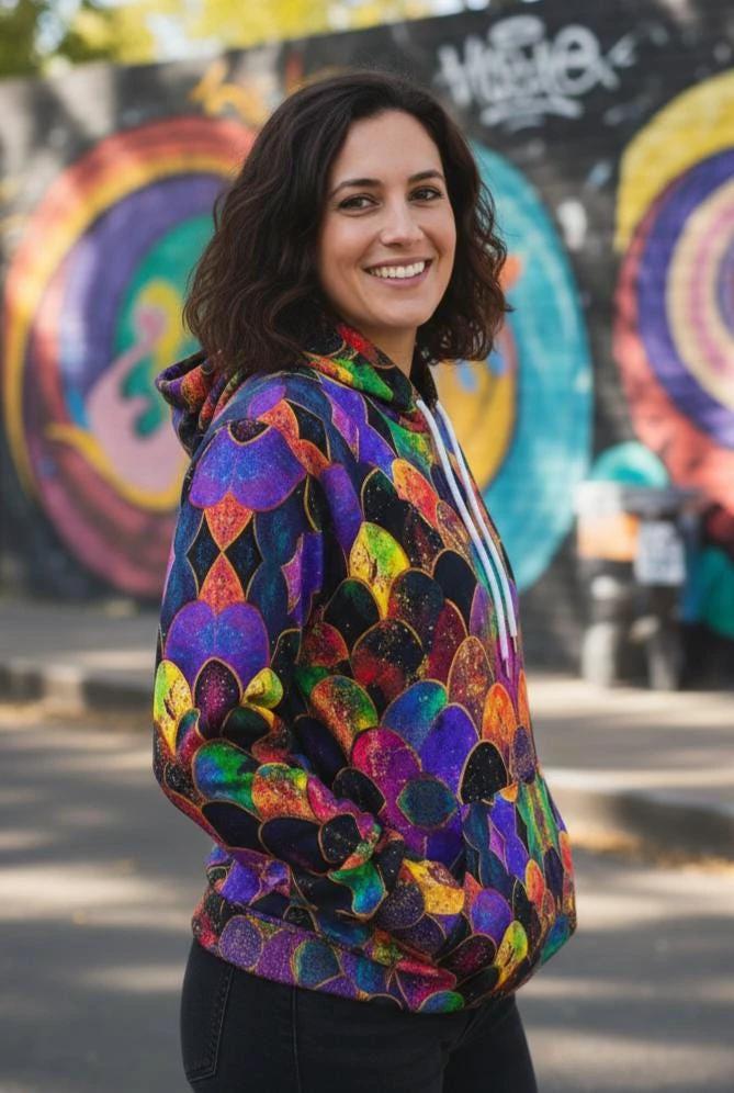Rainbow Fish Primal Print Hoodie - Vibrant Aquatic Art Sweatshirt for Bold Streetwear by Aesthetic Rebellion