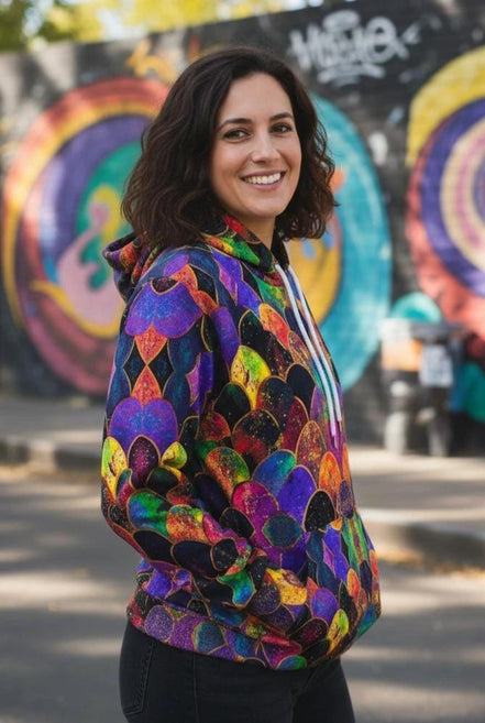 Rainbow Fish Primal Print Hoodie - Vibrant Aquatic Art Sweatshirt for Bold Streetwear by Aesthetic Rebellion