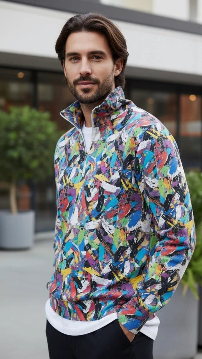 Digital Impasto Paint Stroke Half-Zip - Heavyweight Cotton Pullover for Fine Artists & Curators by Aesthetic Rebellion
