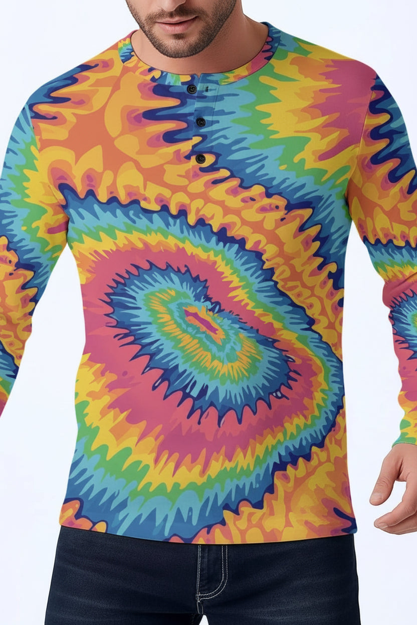 Acid Marble Chaos Core Maximalist Henley Shirt - Aesthetic Rebellion