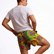 Neon Radial Burst Athletic Shorts - Vibrant Psychedelic Swim Trunks for Bikram Yoga & Rave Fitness by Aesthetic Rebellion