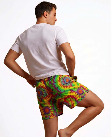 Neon Radial Burst Athletic Shorts - Vibrant Psychedelic Swim Trunks for Bikram Yoga & Rave Fitness by Aesthetic Rebellion