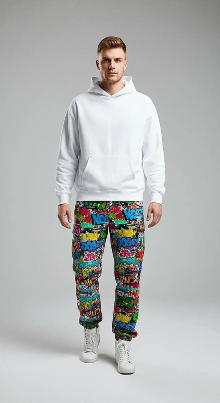 Abstract Graffiti Print Cargo Pants | Men's Streetwear Utility Trousers by Aesthetic Rebellion