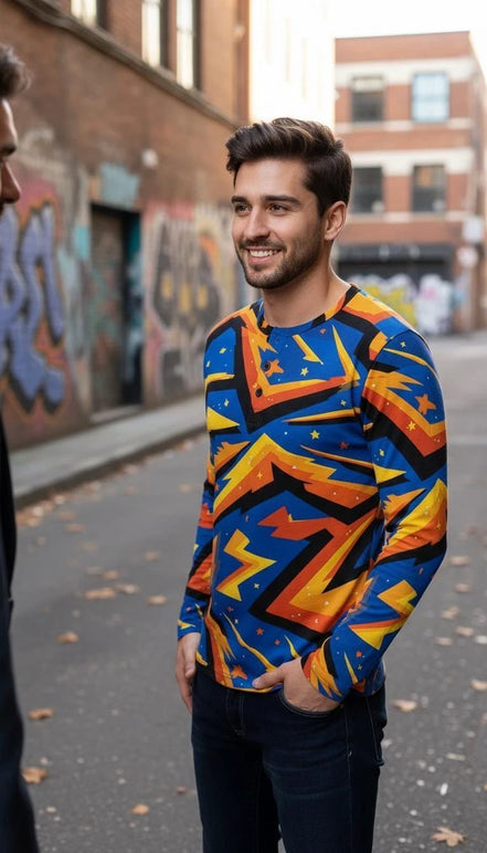 Men's Lightning Henley Shirt – Maximalist Cyberpunk Streetwear by Aesthetic Rebellion