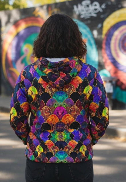 Rainbow Fish Primal Print Hoodie - Vibrant Aquatic Art Sweatshirt for Bold Streetwear by Aesthetic Rebellion