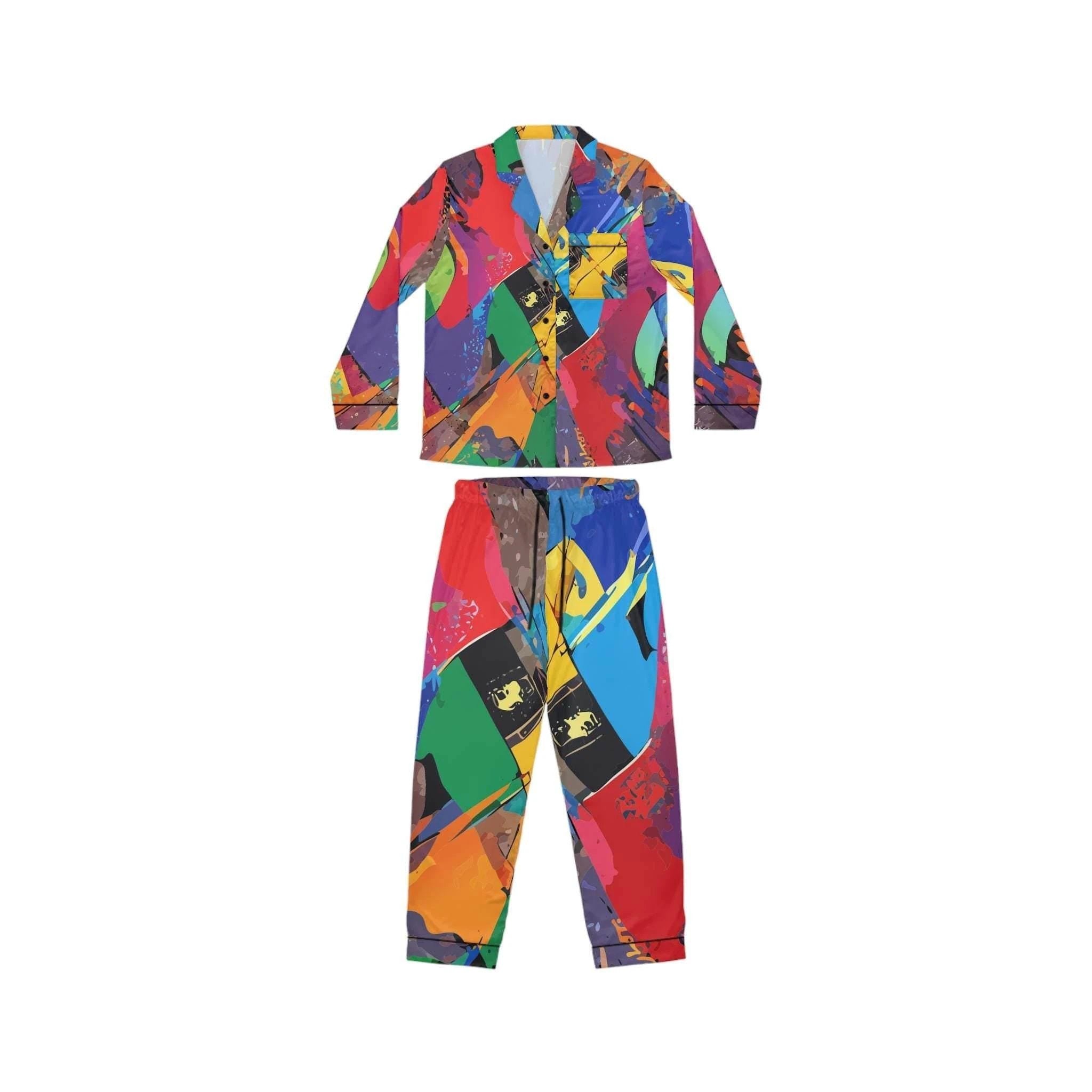 Vibrant Abstract Satin Pajama Set - Luxury All-Over Print Loungewear for Bold Sleepwear by Aesthetic Rebellion