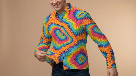 Psychedelic Rainbow Spiral Tie-Dye Shirt, Groovy Vibrant Button-Down - Aesthetic Rebellion