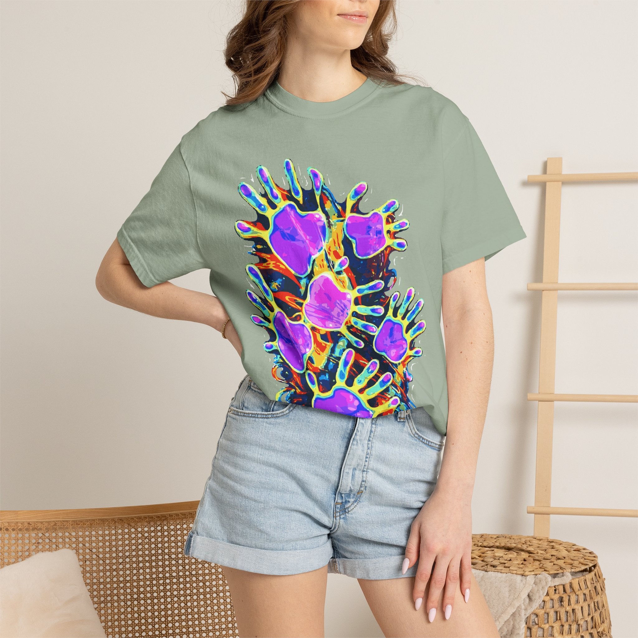 Dyles Mavis Handprint Psychedelic Neon T-Shirt for Bold Streetwear Collectors — Premium Heavyweight Cotton Original Art, Oversized Statement Tee, Unisex