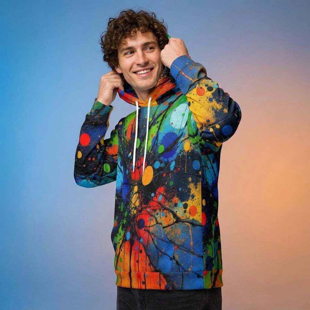 Trippy Rasta Splatter Ink Hoodie - Psychedelic Acrylic Pour Sweatshirt for Reggae & Festivals by Aesthetic Rebellion