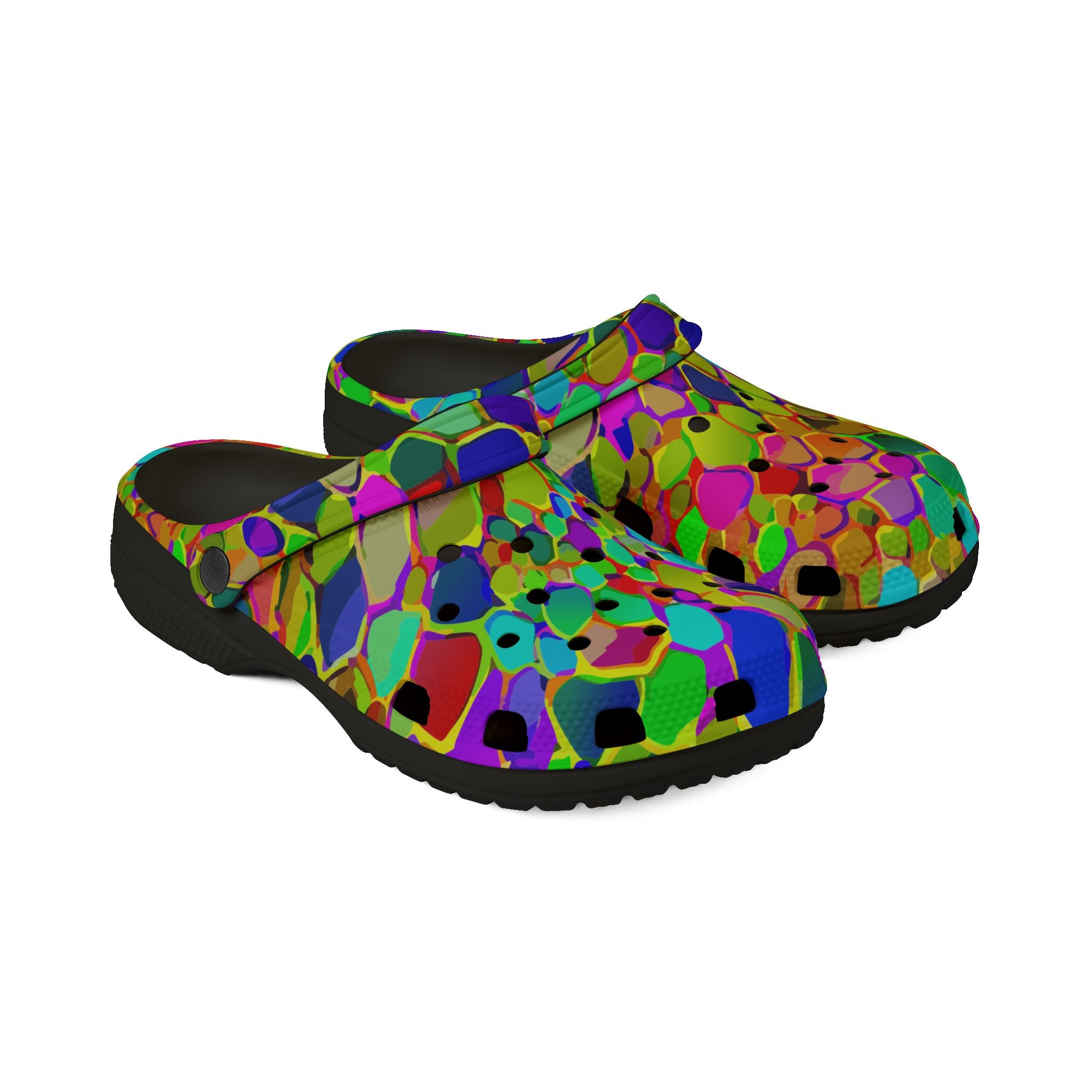 Colorful Mosaic EVA Clog Shoes for Playful Maximalists — Bold Tile-Print Foam Footwear, Anti-Slip Cushioned Sole, Festival Garden Errand Statement Clogs, Black or White Base