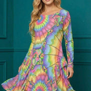 Tie-Dye Cotton Midi Dress - Radial Pastel Long Sleeve Boho Gown by Aesthetic Rebellion