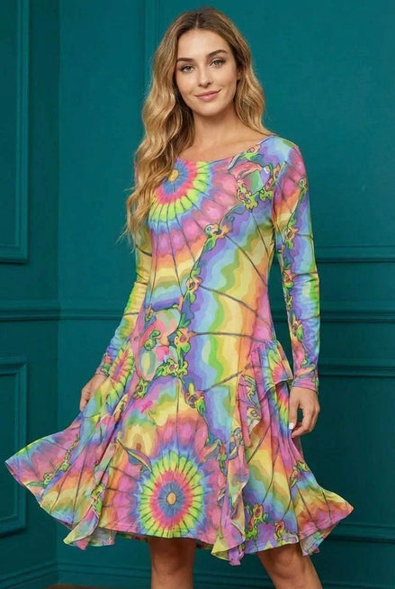 Tie-Dye Cotton Midi Dress - Radial Pastel Long Sleeve Boho Gown by Aesthetic Rebellion