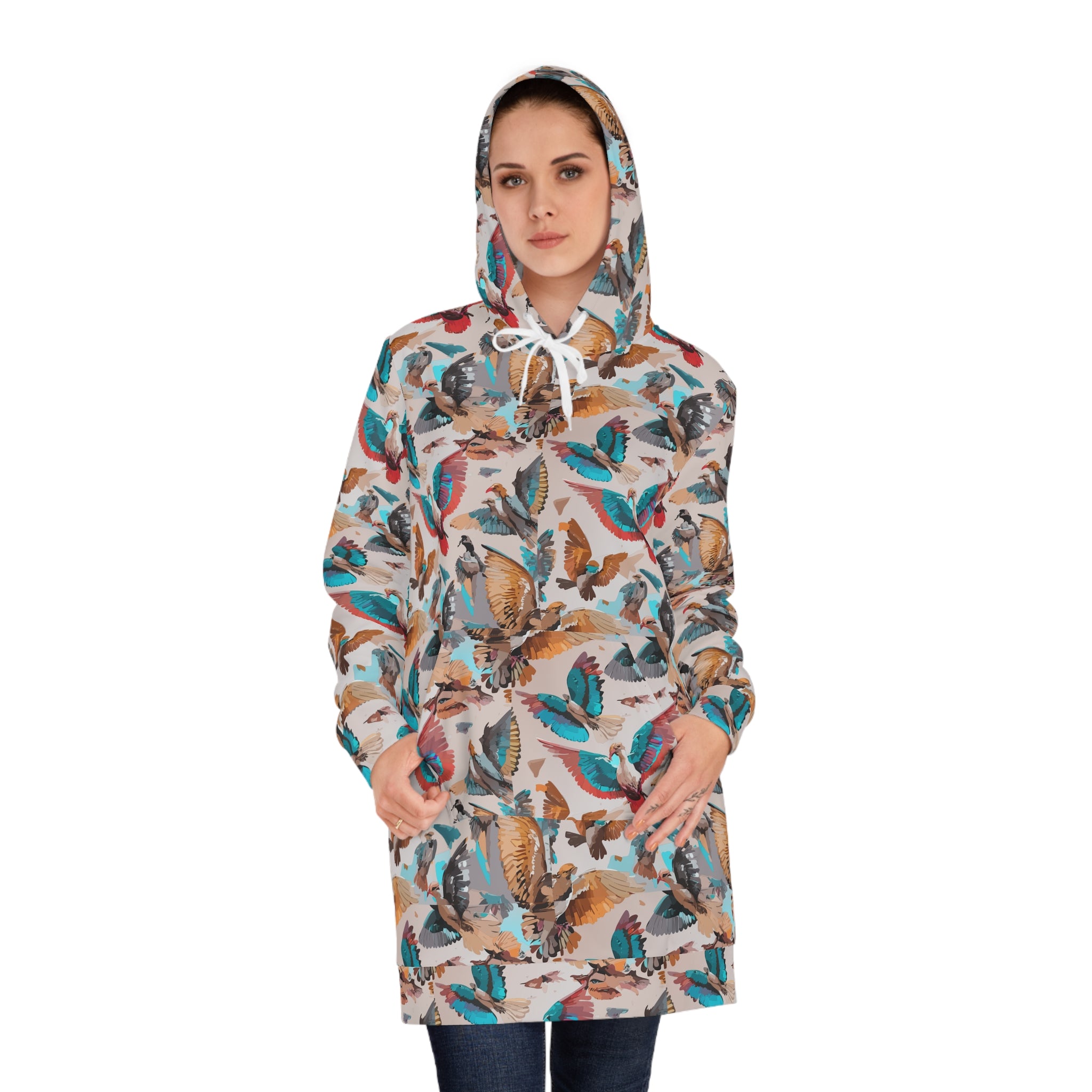 Aviary Bird Print Hoodie Dress for Nature-Forward Dressers — AOP Bird & Botanical Women's Hoodie Dress, Cottagecore Statement, Wearable Field Guide Art, Kangaroo Pocket, S–2XL