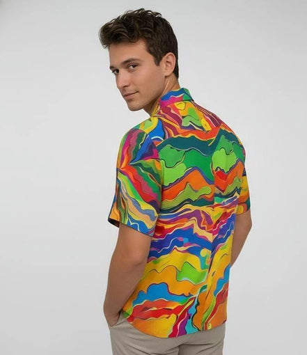 Psychedelic Swirl Camp Shirt - Vibrant Maximalist Hawaiian Shirt for Summer Festivals by Aesthetic Rebellion
