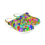 Colorful Mosaic EVA Clog Shoes for Playful Maximalists — Bold Tile-Print Foam Footwear, Anti-Slip Cushioned Sole, Festival Garden Errand Statement Clogs, Black or White Base