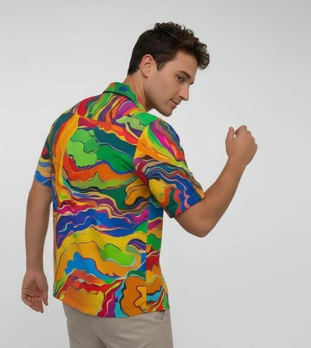 Psychedelic Swirl Camp Shirt - Vibrant Maximalist Hawaiian Shirt for Summer Festivals by Aesthetic Rebellion