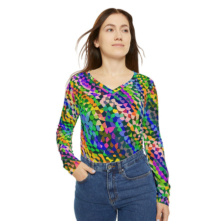 Vibrant AOP Long Sleeve V-Neck for Glow-Up Self-Expressers — Women's Bold Print Tee, Confidence-Led Statement Top, Everyday Maximalist Shirt, Assembled in USA, S–2XL