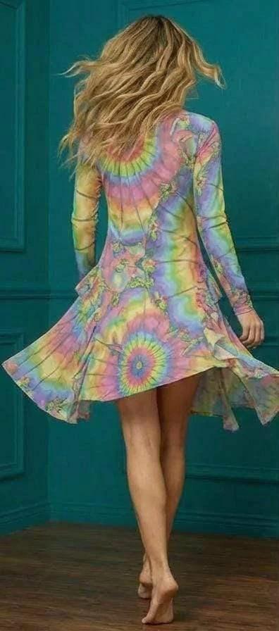 Tie-Dye Cotton Midi Dress - Radial Pastel Long Sleeve Boho Gown by Aesthetic Rebellion