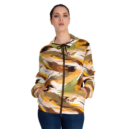 Maximalist Fall Zip Hoodie for Aesthetic Dressers — Abstract Autumn Brushstroke AOP, Earthy Statement Outerwear, Cozy Art-Forward Streetwear, Women's Bold Print Zip-Up