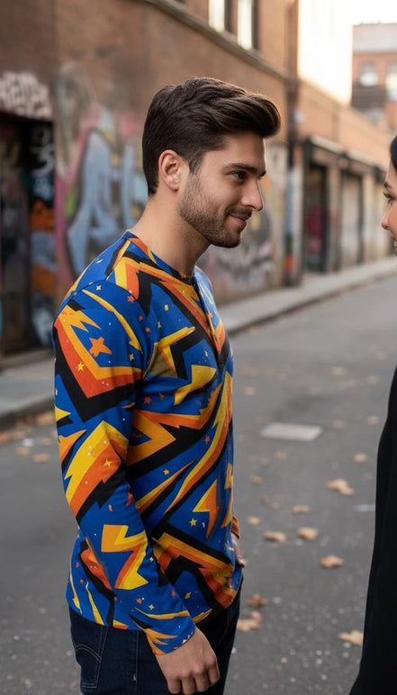 Men's Lightning Henley Shirt – Maximalist Cyberpunk Streetwear by Aesthetic Rebellion