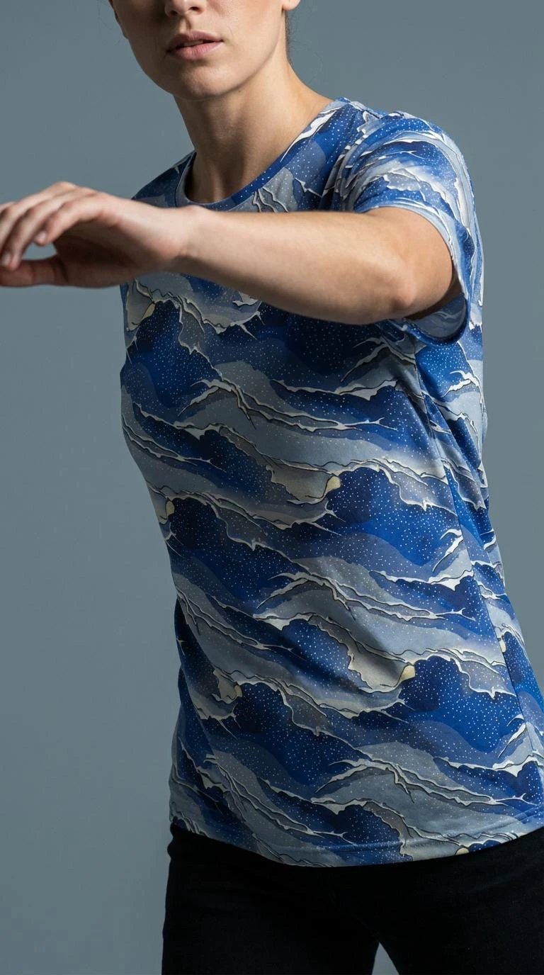 Modern Blue Geometric Wave T-Shirt Inspired by Seigaiha Art - Aesthetic Rebellion