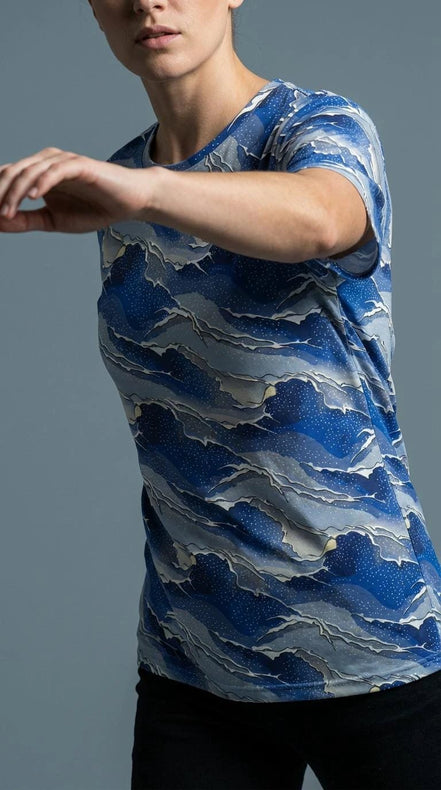 Modern Blue Geometric Wave T-Shirt Inspired by Seigaiha Art - Aesthetic Rebellion