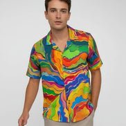 Psychedelic Swirl Camp Shirt - Vibrant Maximalist Hawaiian Shirt for Summer Festivals by Aesthetic Rebellion
