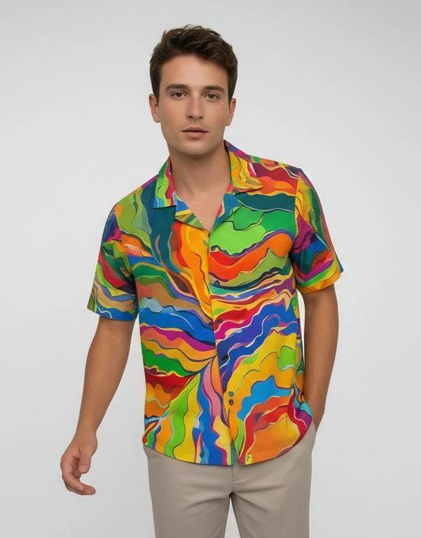 Psychedelic Swirl Camp Shirt - Vibrant Maximalist Hawaiian Shirt for Summer Festivals by Aesthetic Rebellion