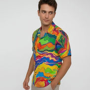 Psychedelic Swirl Camp Shirt - Vibrant Maximalist Hawaiian Shirt for Summer Festivals by Aesthetic Rebellion
