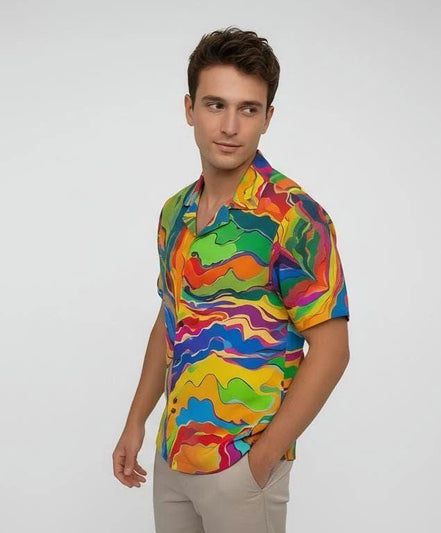 Psychedelic Swirl Camp Shirt - Vibrant Maximalist Hawaiian Shirt for Summer Festivals by Aesthetic Rebellion