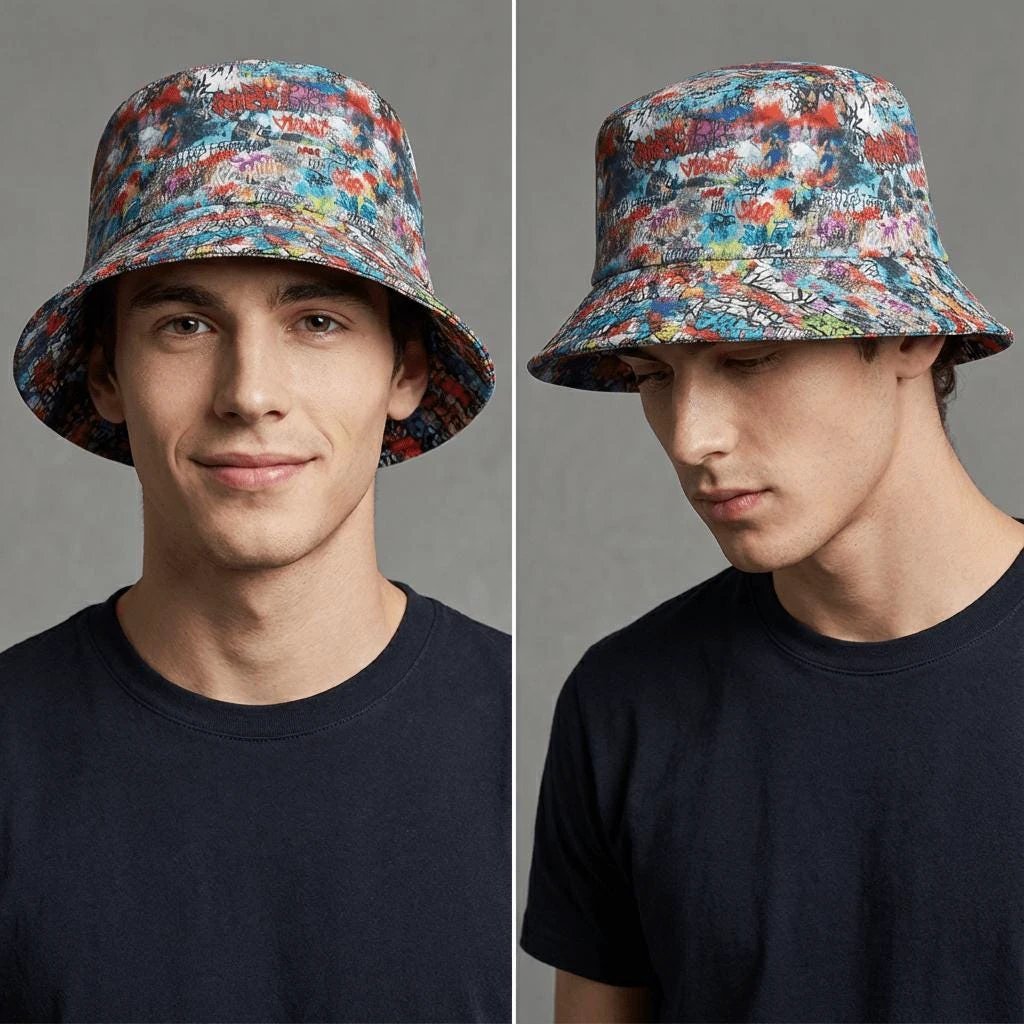 Graffiti Print Bucket Hat – Urban Festival Fashion by Aesthetic Rebellion