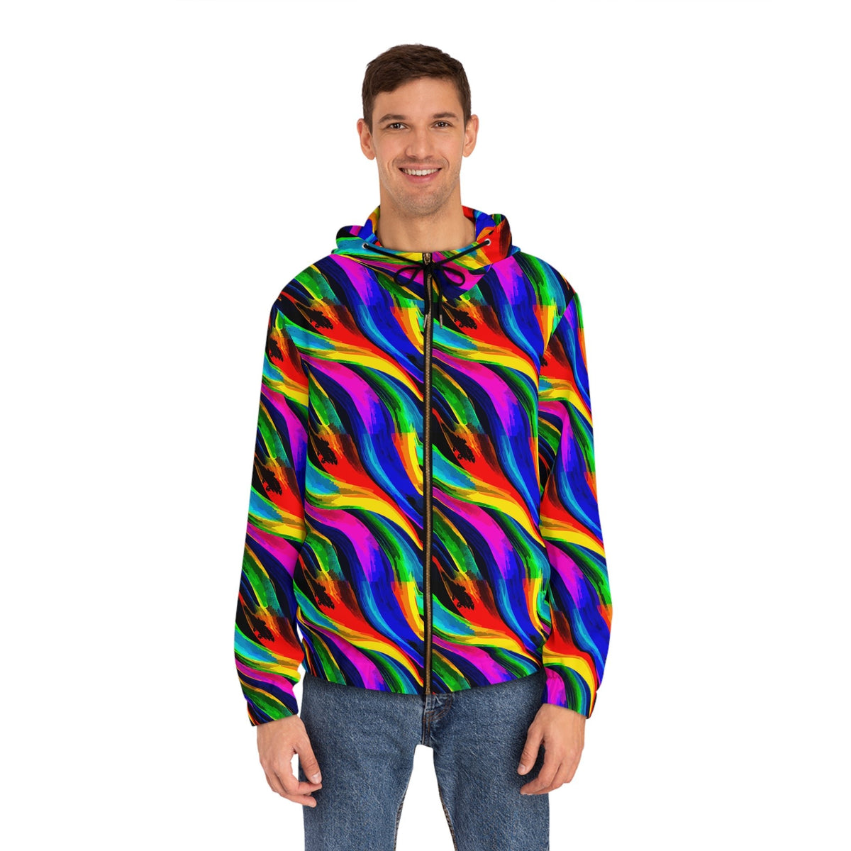 Vibrant Abstract AOP Full-Zip Hoodie – Gold Zipper, Black & White | Aesthetic Rebellion