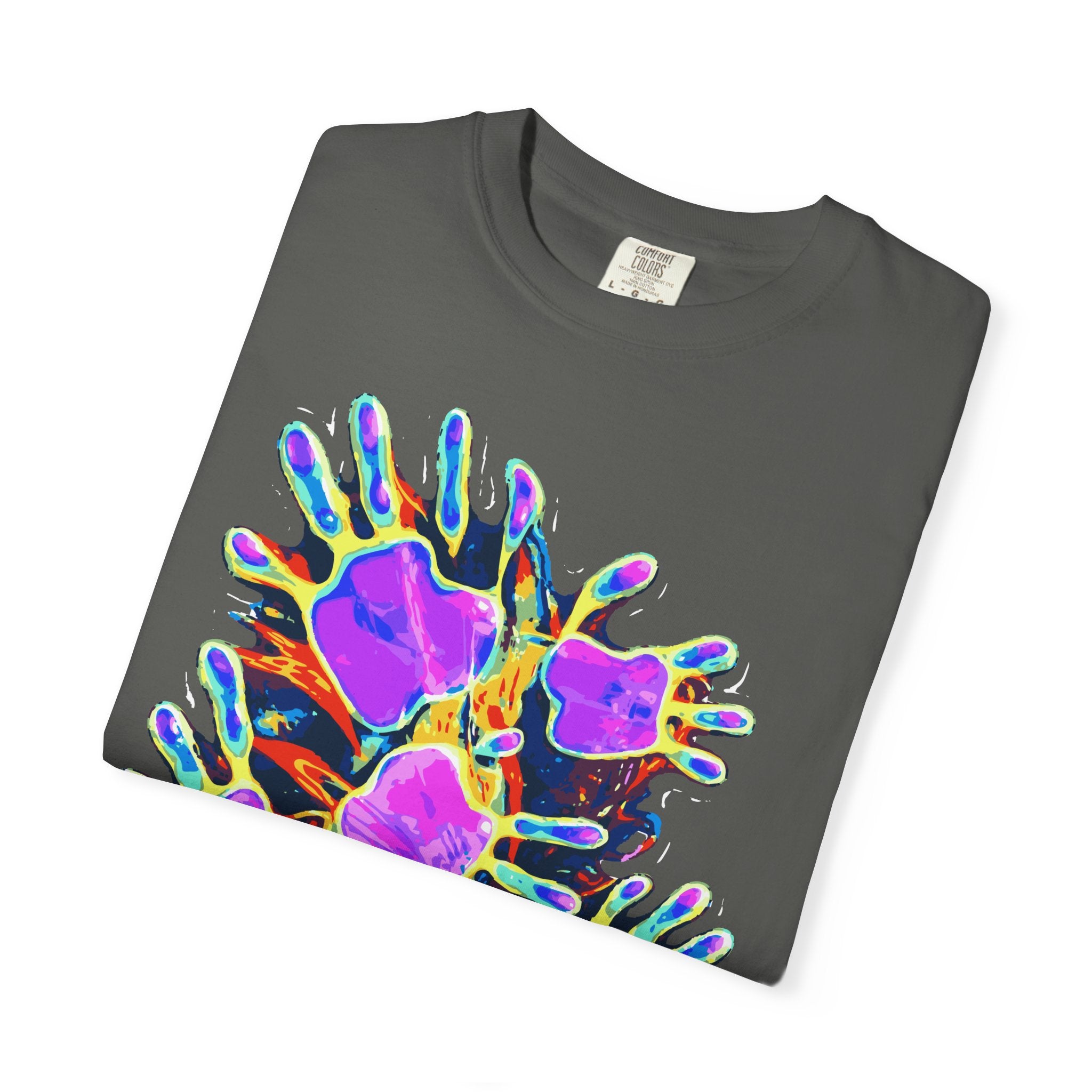 Dyles Mavis Handprint Psychedelic Neon T-Shirt for Bold Streetwear Collectors — Premium Heavyweight Cotton Original Art, Oversized Statement Tee, Unisex