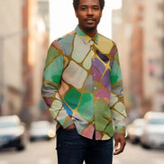 Emerald Shards Cotton Poplin Dress Shirt - Luxury Geometric Button-Down for Modern Men by Aesthetic Rebellion
