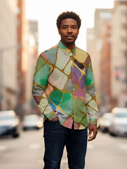 Emerald Shards Cotton Poplin Dress Shirt - Luxury Geometric Button-Down for Modern Men by Aesthetic Rebellion