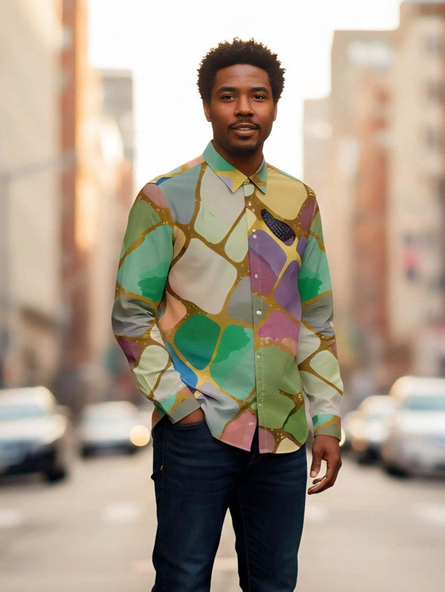 Emerald Shards Cotton Poplin Dress Shirt - Luxury Geometric Button-Down for Modern Men by Aesthetic Rebellion