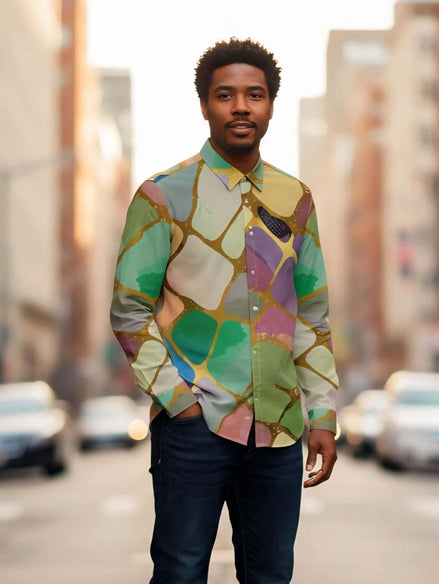Emerald Shards Cotton Poplin Dress Shirt - Luxury Geometric Button-Down for Modern Men by Aesthetic Rebellion