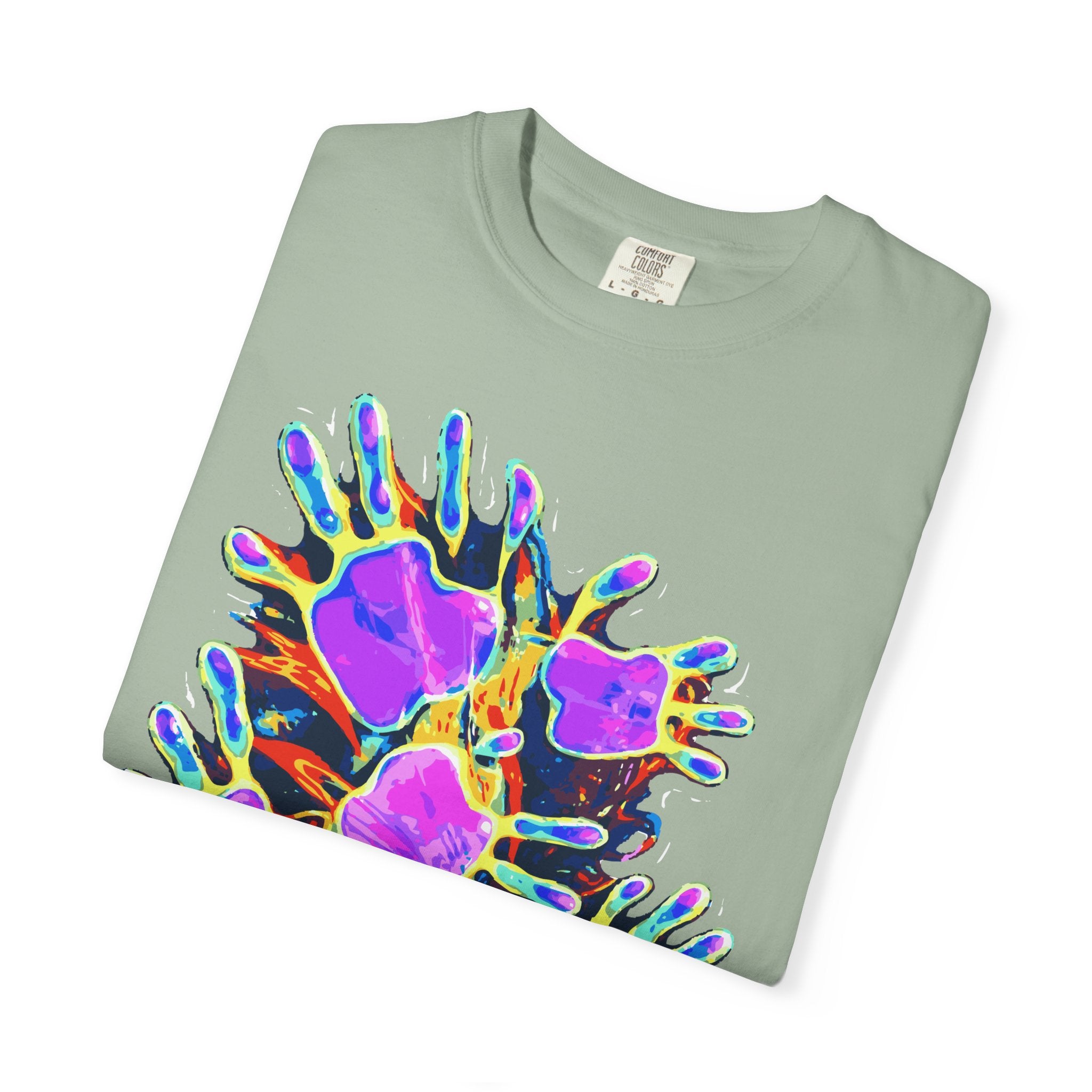 Dyles Mavis Handprint Psychedelic Neon T-Shirt for Bold Streetwear Collectors — Premium Heavyweight Cotton Original Art, Oversized Statement Tee, Unisex