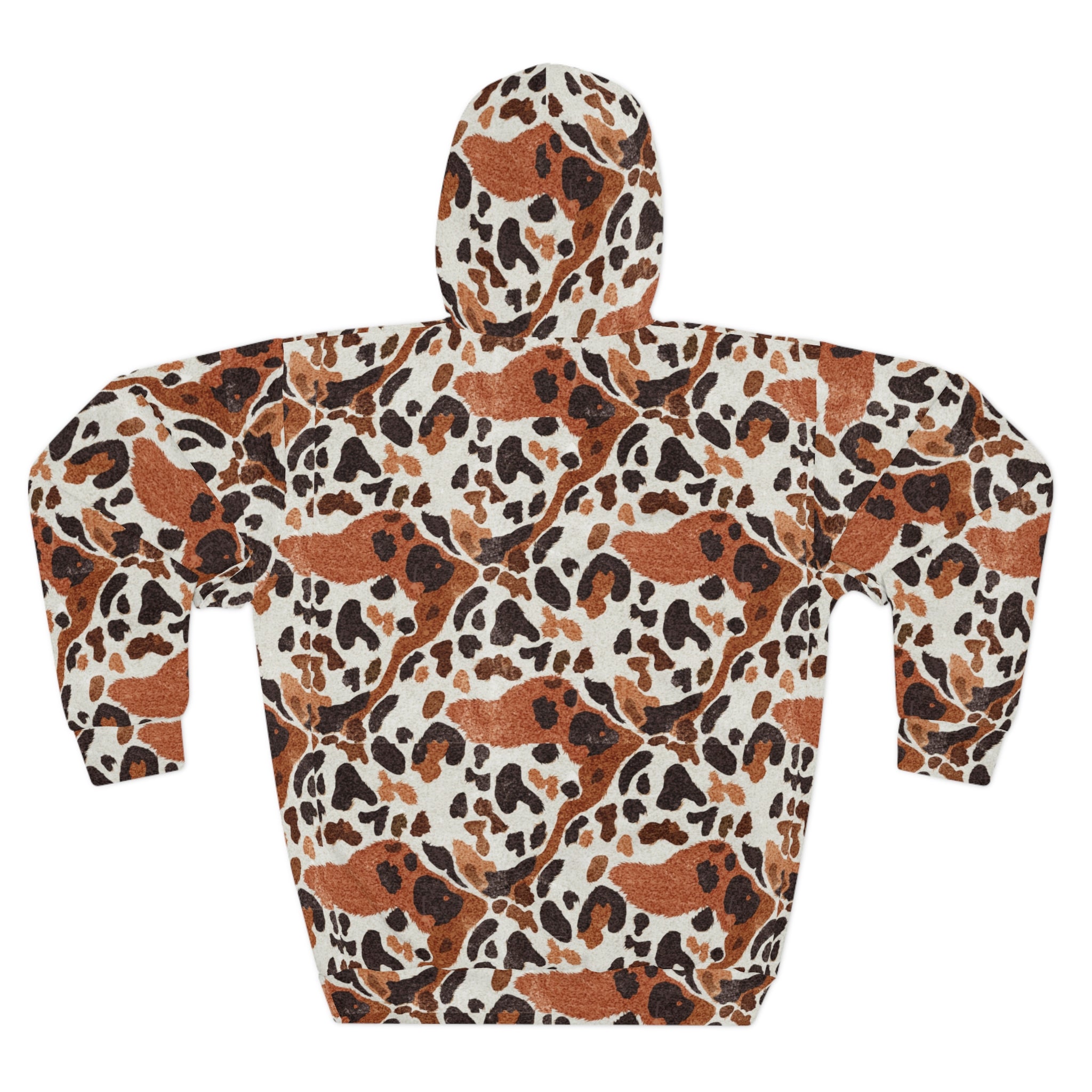 Leopard Spot AOP Pullover Hoodie for Wild Street Style Dressers — Brown Cream Animal Print, 250gsm Poly Cut-and-Sewn, Fall Autumn Cozy Unisex Statement Sweatshirt