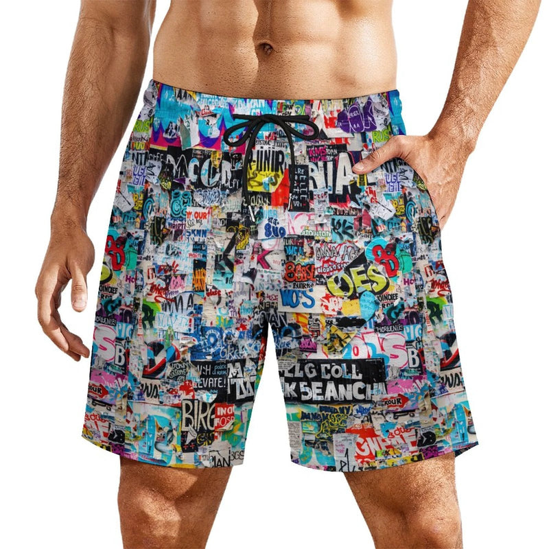 Sticker Bomb Beach Shorts with 4 Pockets — Street Collage AOP Swim-Ready Summer Shorts