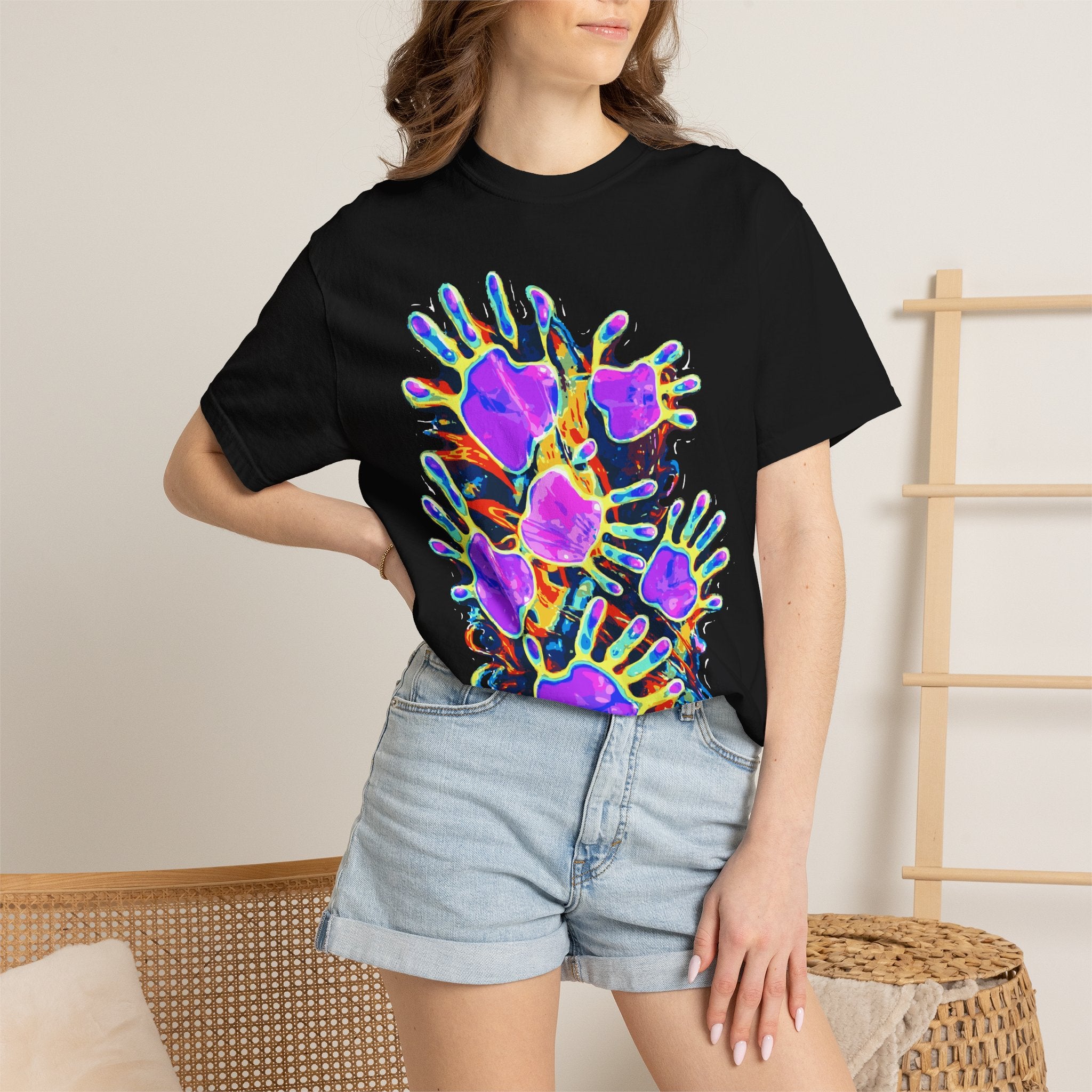 Dyles Mavis Handprint Psychedelic Neon T-Shirt for Bold Streetwear Collectors — Premium Heavyweight Cotton Original Art, Oversized Statement Tee, Unisex