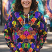 Rainbow Fish Primal Print Hoodie - Vibrant Aquatic Art Sweatshirt for Bold Streetwear by Aesthetic Rebellion