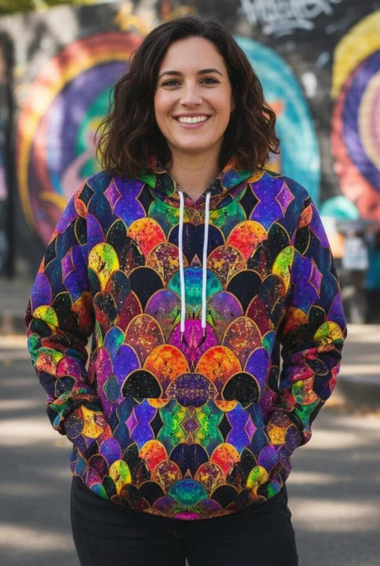 Rainbow Fish Primal Print Hoodie - Vibrant Aquatic Art Sweatshirt for Bold Streetwear by Aesthetic Rebellion