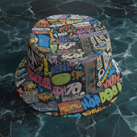 Trippy Tags AOP Bucket Hat | Psychedelic Graffiti Print Festival Headwear for Rave & Streetwear | Aesthetic Rebellion