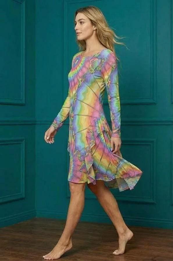 Tie-Dye Cotton Midi Dress - Radial Pastel Long Sleeve Boho Gown by Aesthetic Rebellion