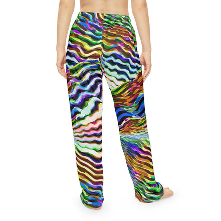 Wavy Stripe Pajama Pants for Vibrant Sleepwear Collectors — Jewel-Tone AOP Brushed Polyester, Elastic Waist Cozy Lounge, Women's Assembled in USA, Bold Lazy Day Bottoms