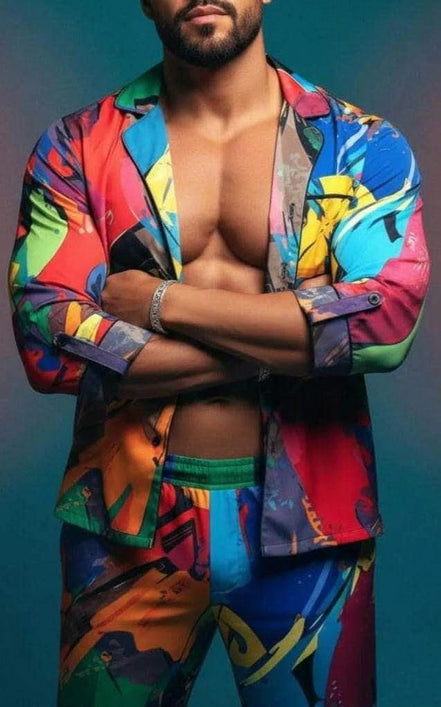 Vibrant Abstract Satin Pajama Set - Luxury All-Over Print Loungewear for Bold Sleepwear by Aesthetic Rebellion