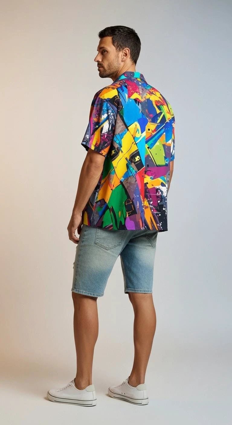 Trippy Tropics Vaporwave Hawaiian Shirt - Vibrational Vector AOP Button-Up for Cyber-Vacation & Festivals by Aesthetic Rebellion