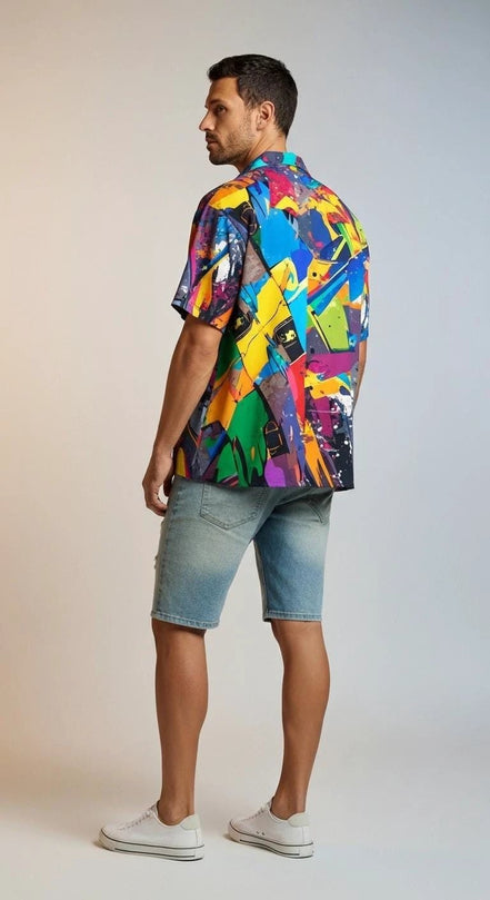 Trippy Tropics Vaporwave Hawaiian Shirt - Vibrational Vector AOP Button-Up for Cyber-Vacation & Festivals by Aesthetic Rebellion